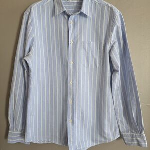 Zara Men's Light Blue and White Striped Shirt